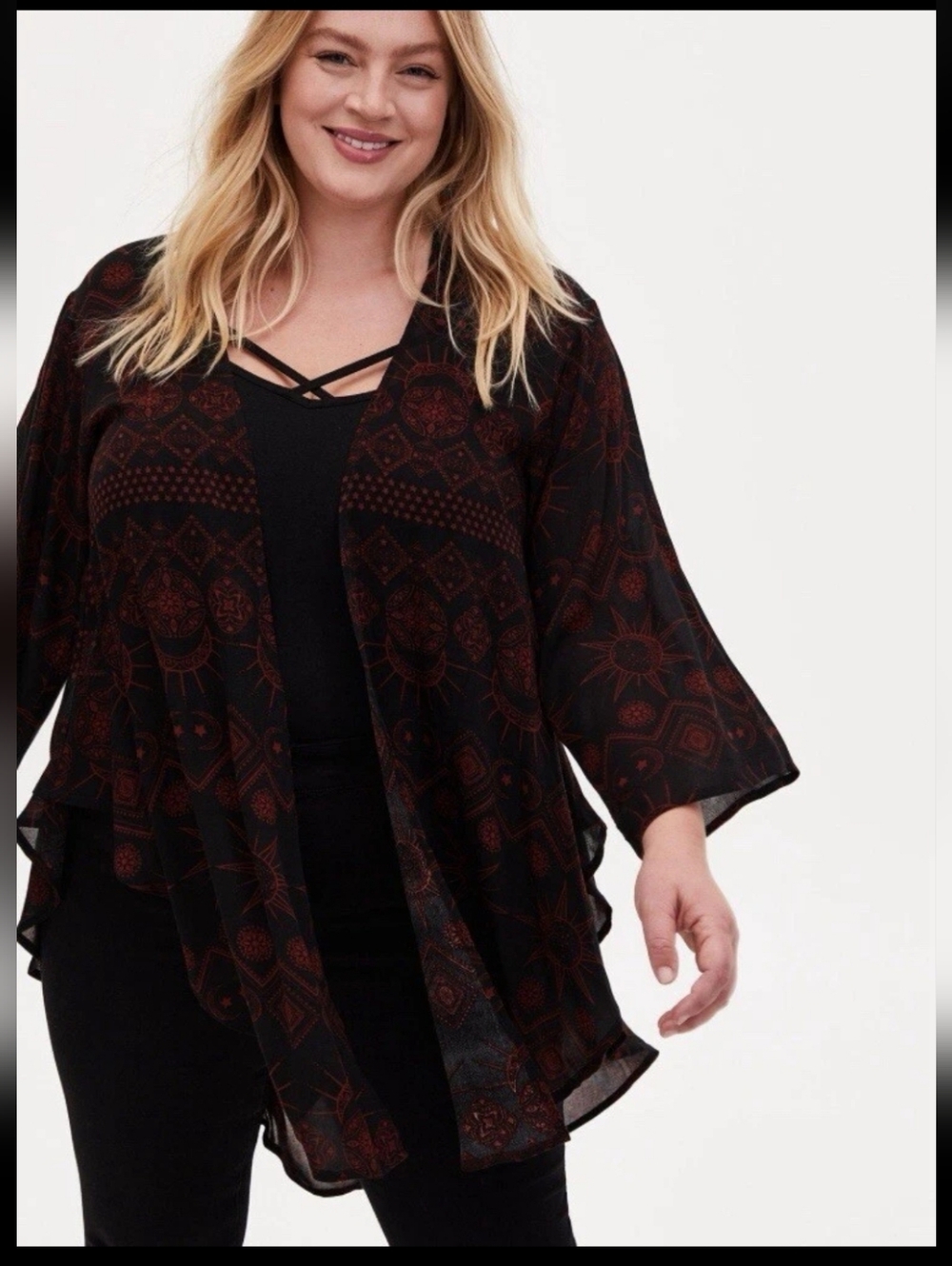 Torrid Black Celestial Print Shirttail open Front Kimono New